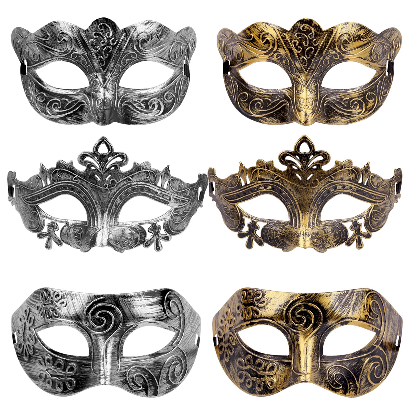 MUNSKT Venetian Mens Masquerade Ball Masks Face Mask for Party Fancy Dress Ball, Masked Ball, Halloween 6 PCS(Silver,Gold)