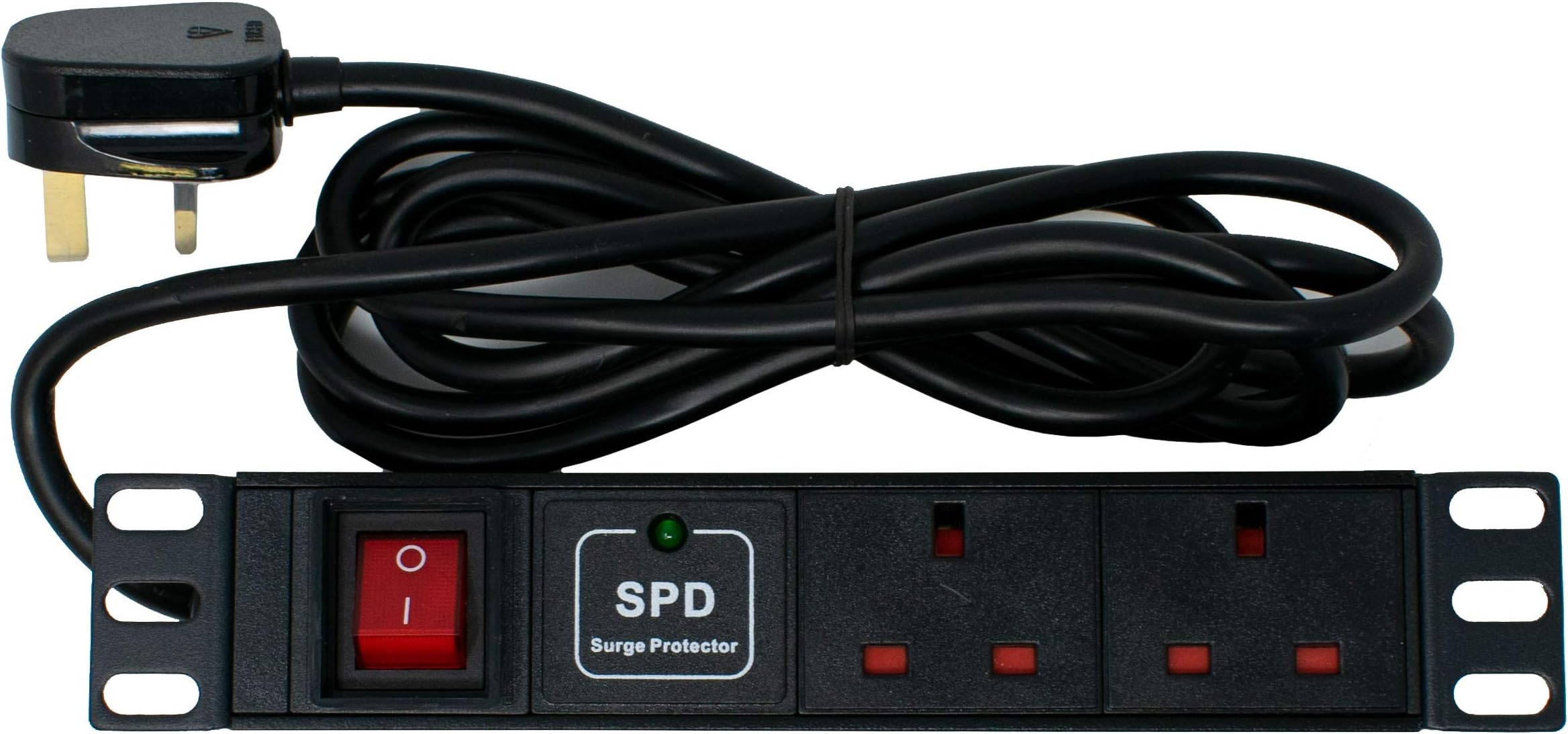 1U 2 Way PDU Surge Protection Horizontal 13A 10" inch SOHO 2.5 Metre Cable