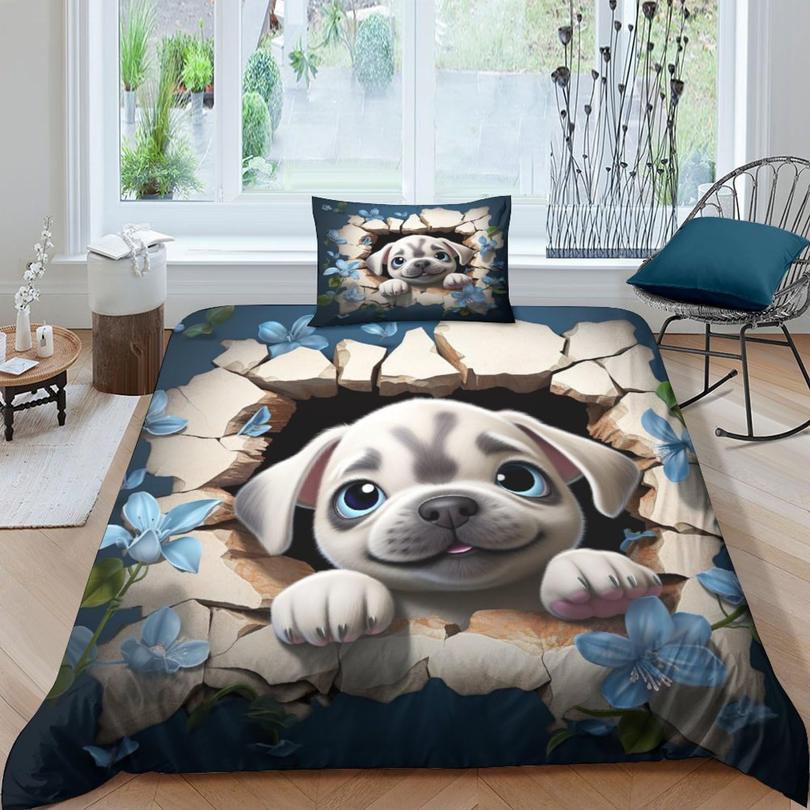 Parure de lit chiots 135x200 fermeture éclair pour éviter couette qui sort