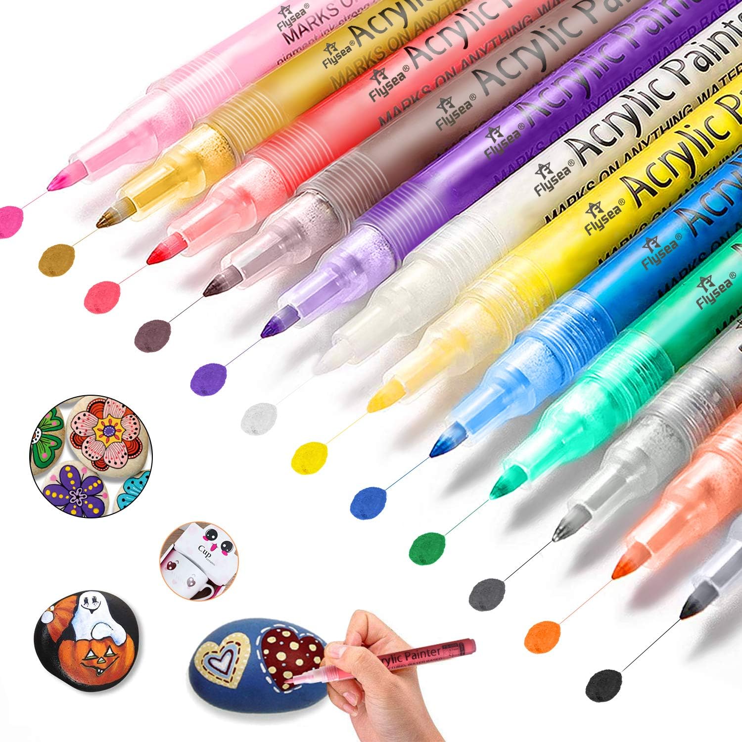LOBKIN Acrylic Paint Pen, Drawing Paint Markers Paint Extra Fine Point Tip Marker Pen for Rock Painting, Canvas, Photo Album, DIY Craft, School Project, Glass,Wood, Metal(12pcs-0.7mm)