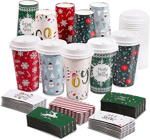 Paquete de 50 tazas, tapas y fundas desechables de Navidad para cacao caliente, chocolate, bebidas, suministros para fiestas navideñas