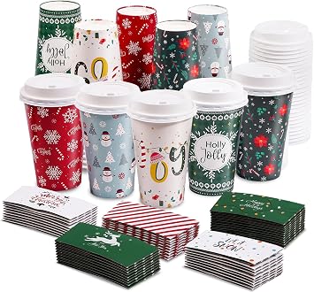 50 Pack Christmas Coffee Cups with Lids and Sleeves, 16 oz