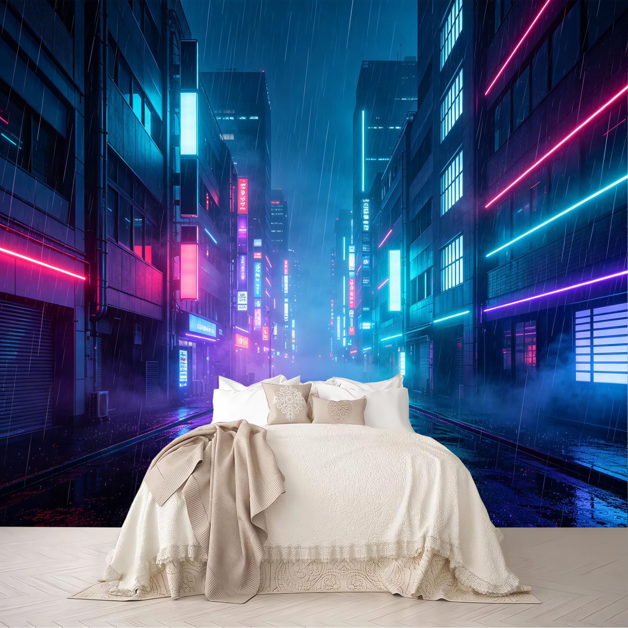 Dskjoviality Ab260706092 Custom Size Wall Murals Neon Rainy Modern City Street Night Landscape Removable Self-Adhesive For Bedroom Living Room Dining Room