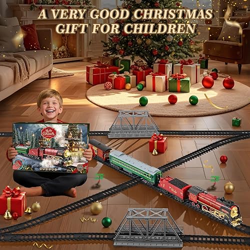 Miniatura 7 de Juego de tren eléctrico para niños con control remoto, locomotora de vapor clásica con humo, luces y sonidos, trenes de Navidad para niños, juguetes
