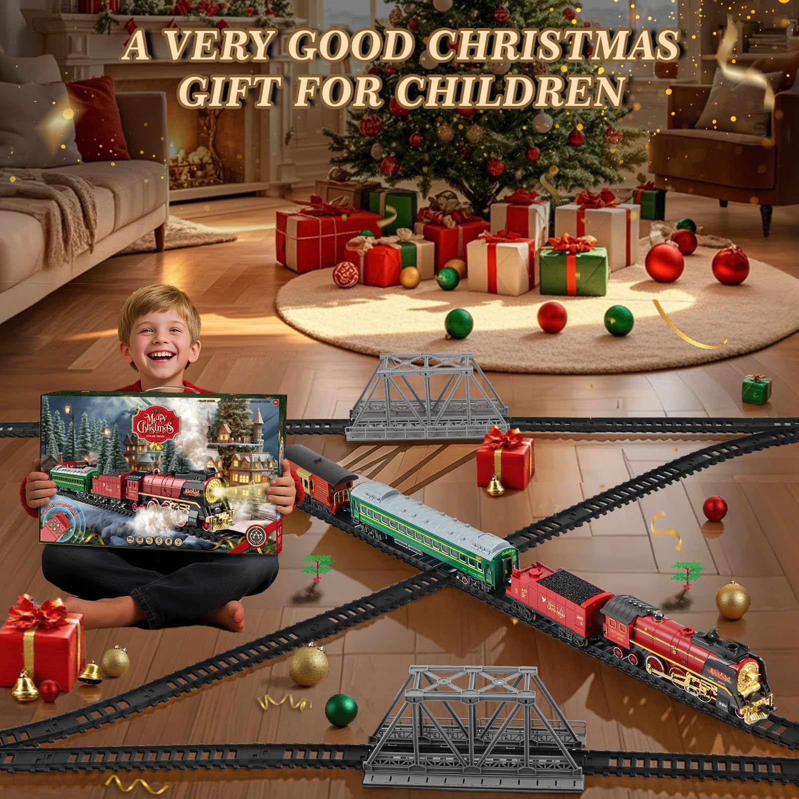 JONRRYIN Tren Electrico Juguete Niños, Trenes Arbol de Navidad Electrico con Mando, Clasico Locomotora Electrica Tren Vapor, Luces y Sonidos, Decoración de Navidad Regalos de Cumpleaños