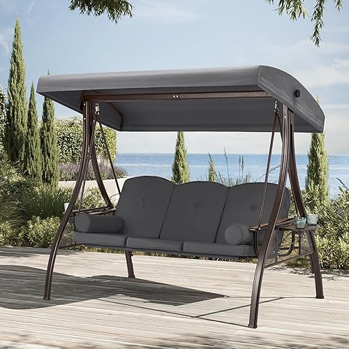 Miniatura 10 de HOMREST Columpio para porche al aire libre para 3 personas con portavasos mejorado de 1.5 pulgadas, toldo ajustable, respaldo, cama columpio de