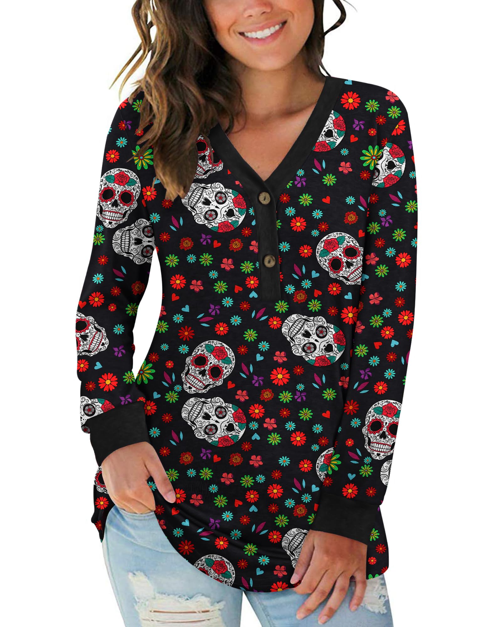 AUSELILY Women's Long Sleeve Tops V-Neck Button Jumpers Causal Loose Henley T-Shirt Sweatshirts