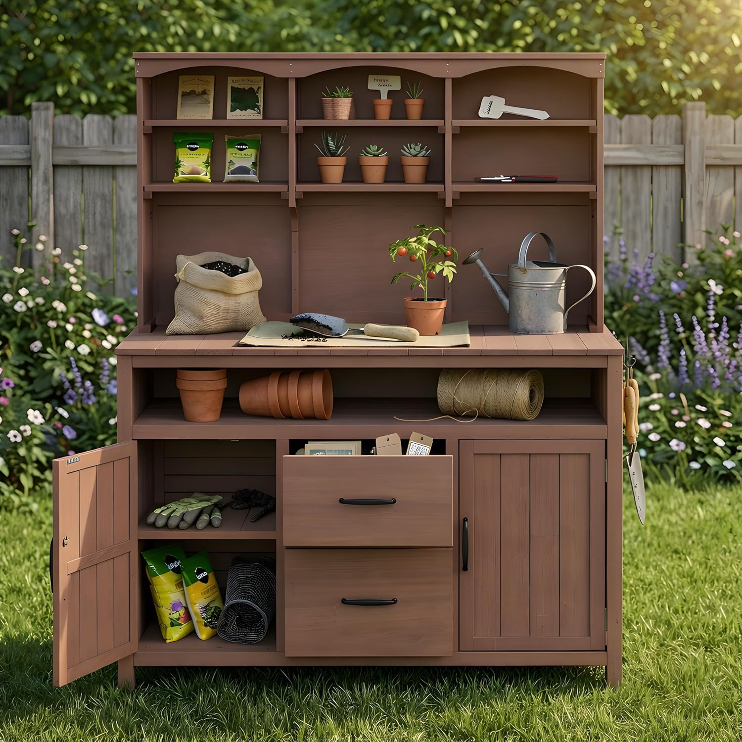 Outdoor Potting Bench with Storage, 45.3'' Fir Wood Potting Table with Hutch, Cabinets, Drawers & Hooks, Multi-Functional Gardening Table or Patio Kitchen Island Workstation for Garden (Brown)