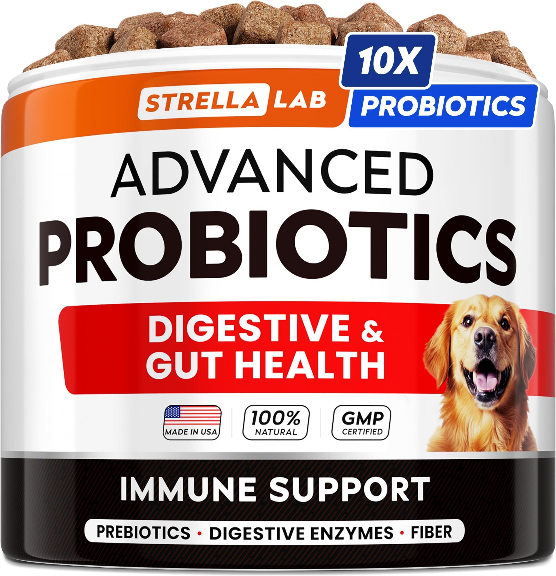StrellaLab Vet Strength Dog Probiotics Treats - 60 Billion CFU per jar + Digestive Enzymes Prebiotics - Chewable Fiber Supplement w/Pumpkin - Diarrhea, Gas, Constipation, Upset Stomach Relief