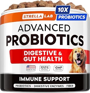 STRELLALAB Vet Strength Dog Probiotics Treats - 60 Billion CFU per jar + Digestive Enzymes Prebiotics - Chewable Fiber Supplement w/Pumpkin - Diarrhea, Gas, Constipation, Upset Stomach Relief