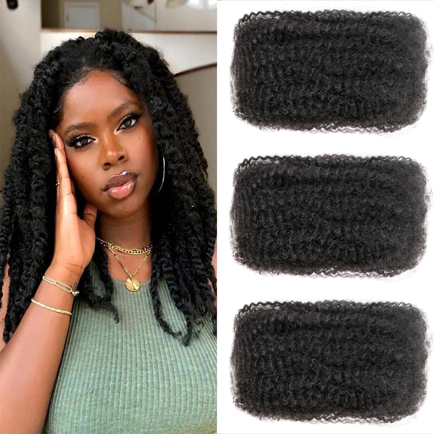 Alaleibaby Afro Kinkys Bulk Human Hair 16 Inch 3 Bundles 100% Human Hair for Draedlock Extensions Repair Locs Afro kinkyhair For Braiding Twist Braids (16 Inch (Pack of 3)