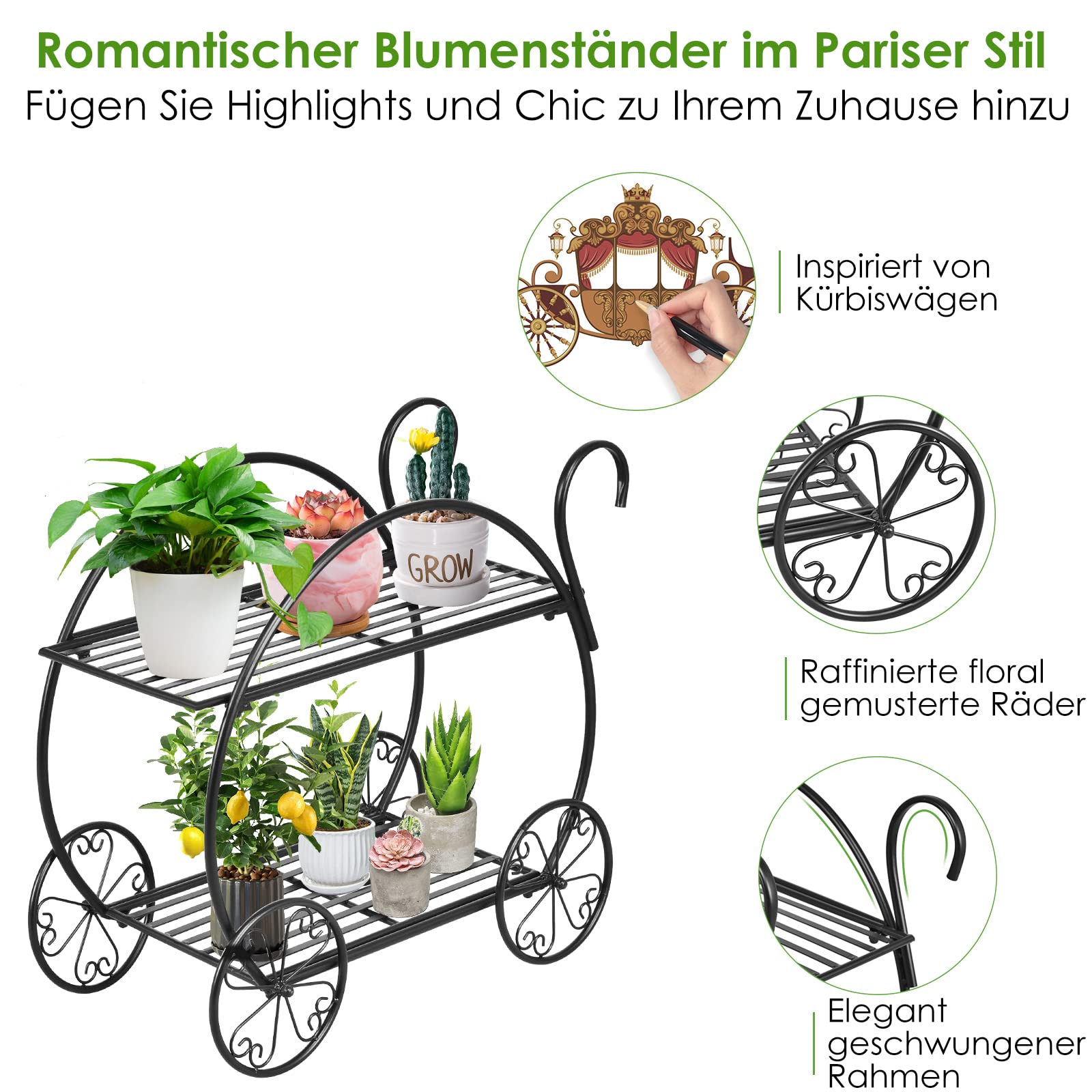 RELAX4LIFE Blumenregal 2-Stufig, Pflanzenständer Metall, Blumenständer mit Dekorativen Rollen, Blumentreppe Freistehend, Pflanzentreppe für Balkon Terrasse Garten, 66 x 34 x 62,5 cm, Schwarz