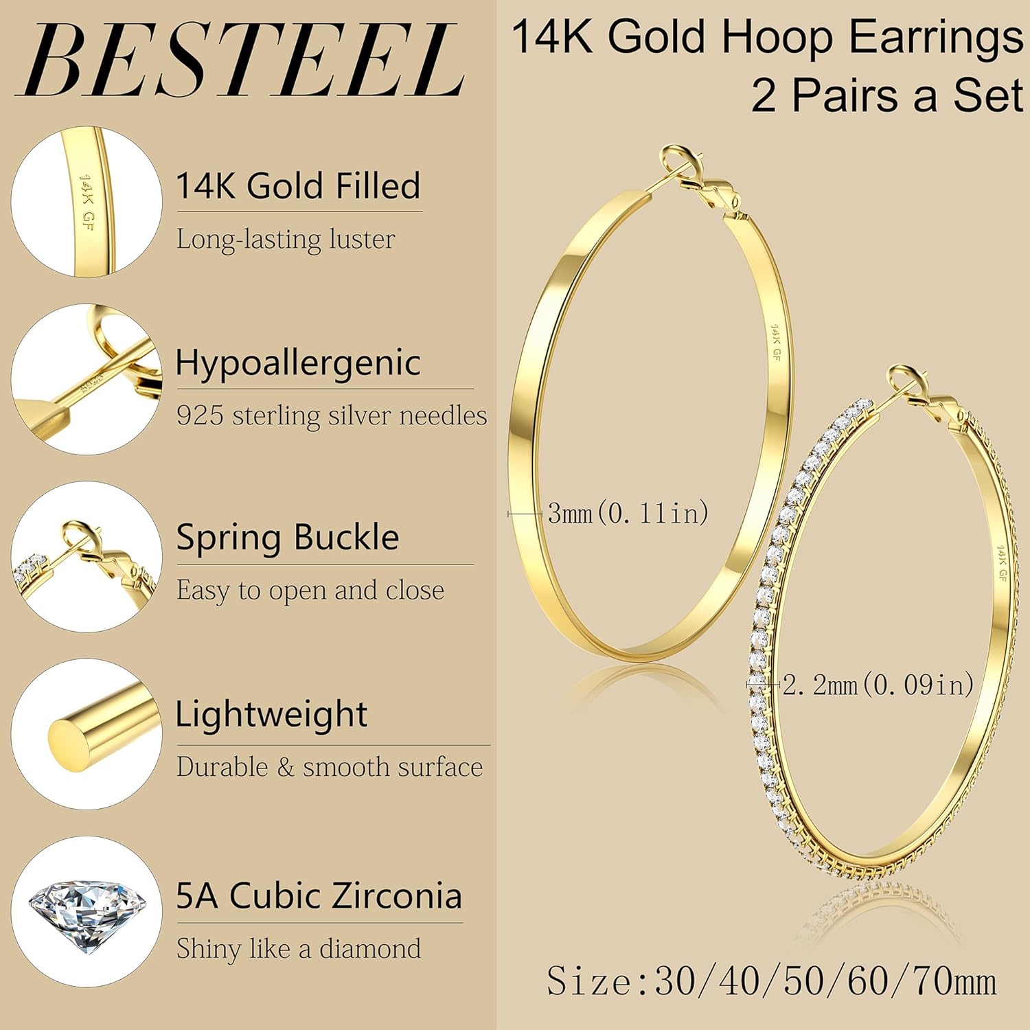 BESTEEL 2Pairs Hoop Earrings for Women 14K Gold Plated Large Hoop Earrings Hypoallergenic 925 Sterling Silver Post Thin Hoops Set Lightweight 30/40/50/60/70mm - Image 2