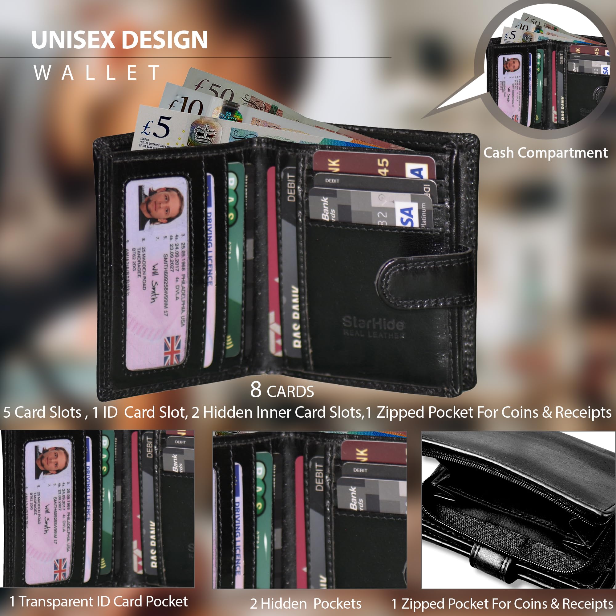 Starhide Mens RFID Blocking Leather Billfold Wallet With External Zip Around Coin Pouch Purse 1080 (Black)