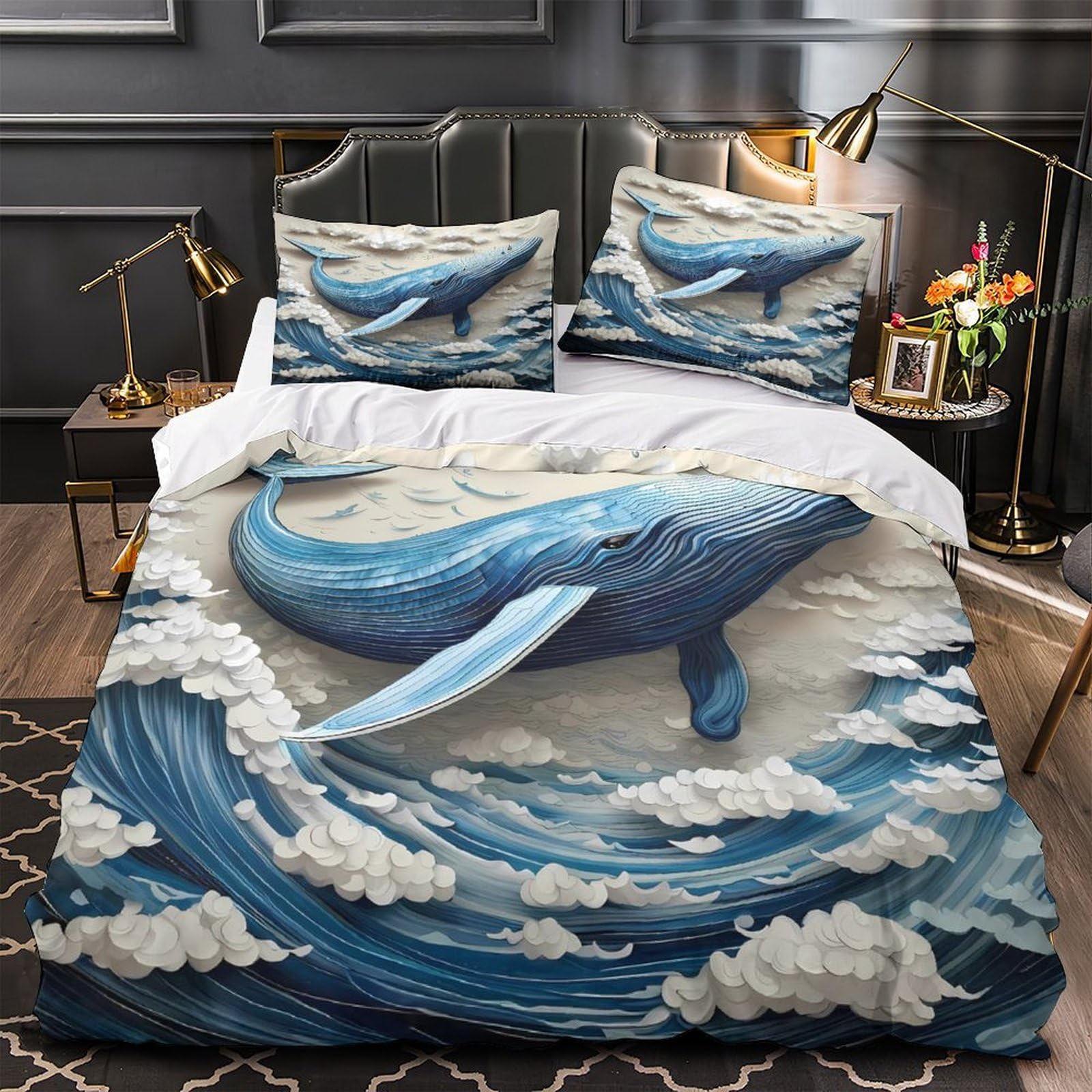 Housse de couette baleine 3D en microfibre 220x240 cm avec 2 taies d'oreiller pour lit King