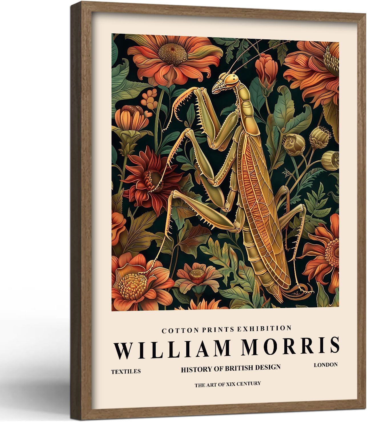 RJETZMU William Morris Style Praying Mantis Wall Art Wood Frame Print Package Poster Botanical Flower Vintage Nature Artwork Gallery Wall Decor for Living Room Bathroom Office 12x16 Inch Mantis Flowers 16"L x 12"W