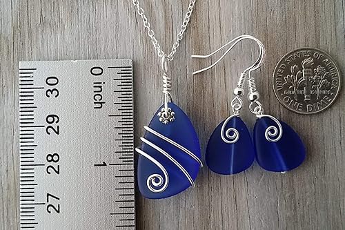 Miniatura 3 de YInahawaii HandmadeWire envuelto en alambre azul cobalto conjunto de pendientes de cristal de mar, caja de regalo, collar de cristal de playa,