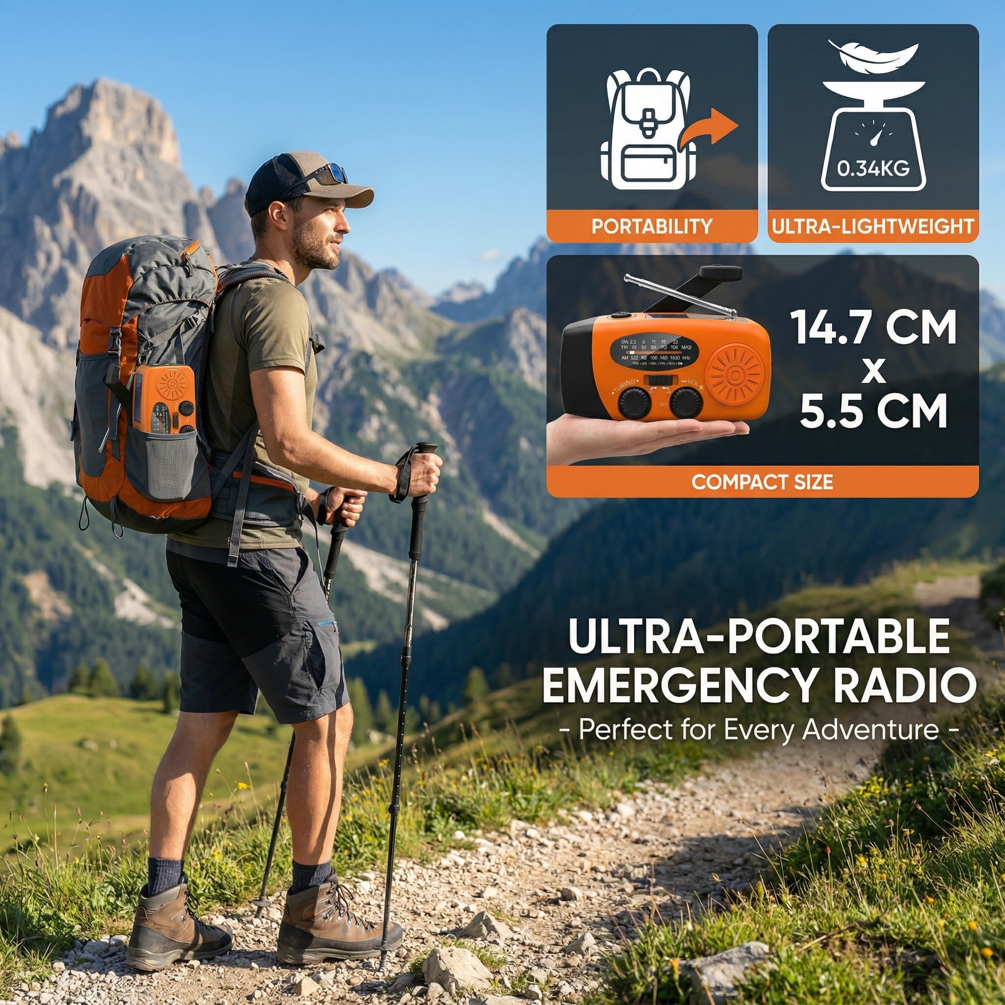 Notfallradio, Kurbelradio mit 2000mAh Power Bank & Solar, AM/FM Radio mit SOS-Alarm Leselicht, Innen Außen Camping