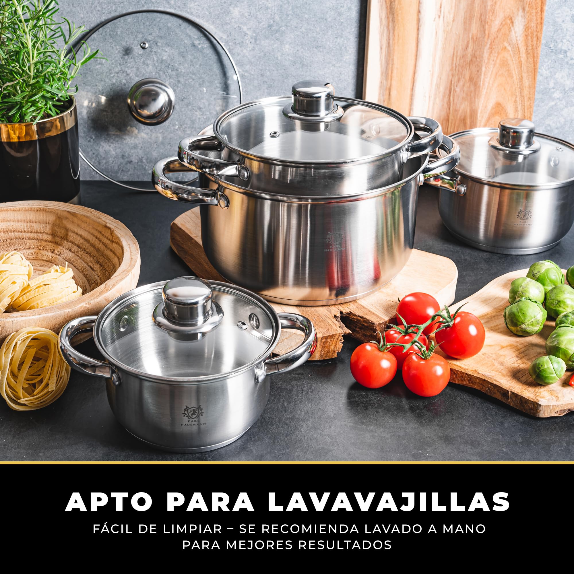 KARL HAUSMANN Juego de Ollas Acero Inoxidable - 4 Partes - Bateria de Cocina de Acero Inoxidable con Tapas de Vidrio - Apta para induccion, Gas y Vitrocerámica - Set Ollas