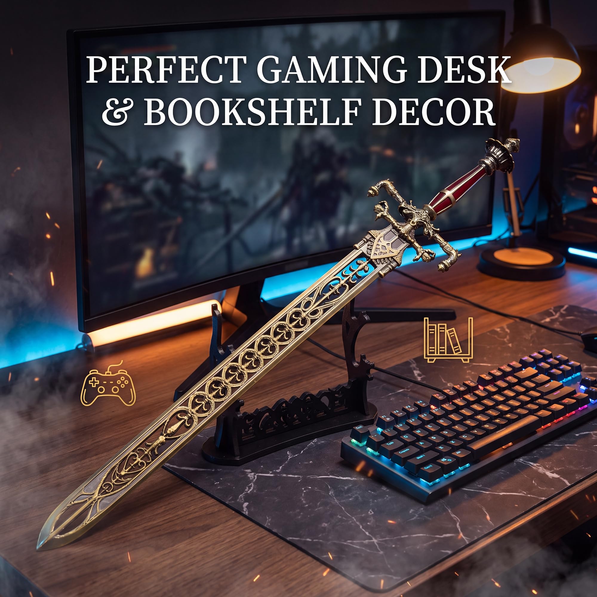 Réplica de la Espada de Noche y Llama, figura RPG de metal con soporte | Aleación de zinc maciza, hoja calada ornamentada, incluye soporte y caja de regalo, modelo decorativo sin filo
