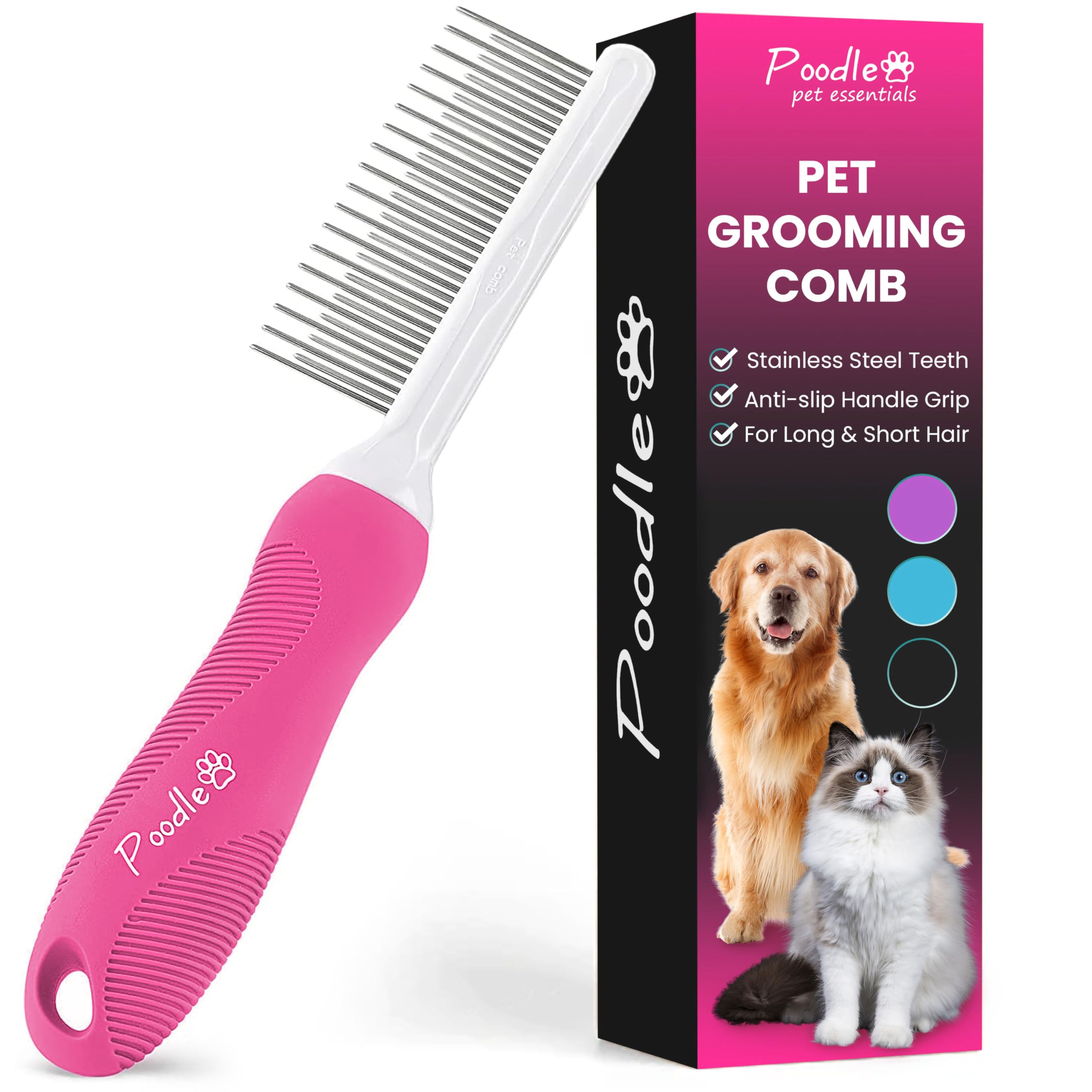 Poodle Pet Detangling Pet Comb with Long & Short Stainless Steel Teeth for Removing Matted Fur, Knots & Tangles – Detangler Tool Accessories for Safe & Gentle DIY Dog & Cat Grooming (Pink)