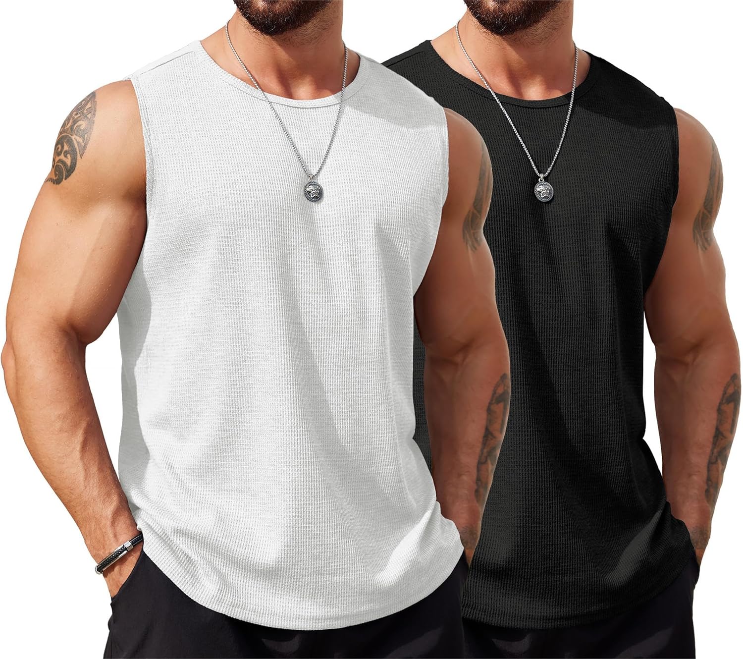 COOFANDY Men's Workout Tank Tops Sleeveless Gym Muscle Tee Shirts 2 Pack Casual Breathable Waffle Knit Tanks