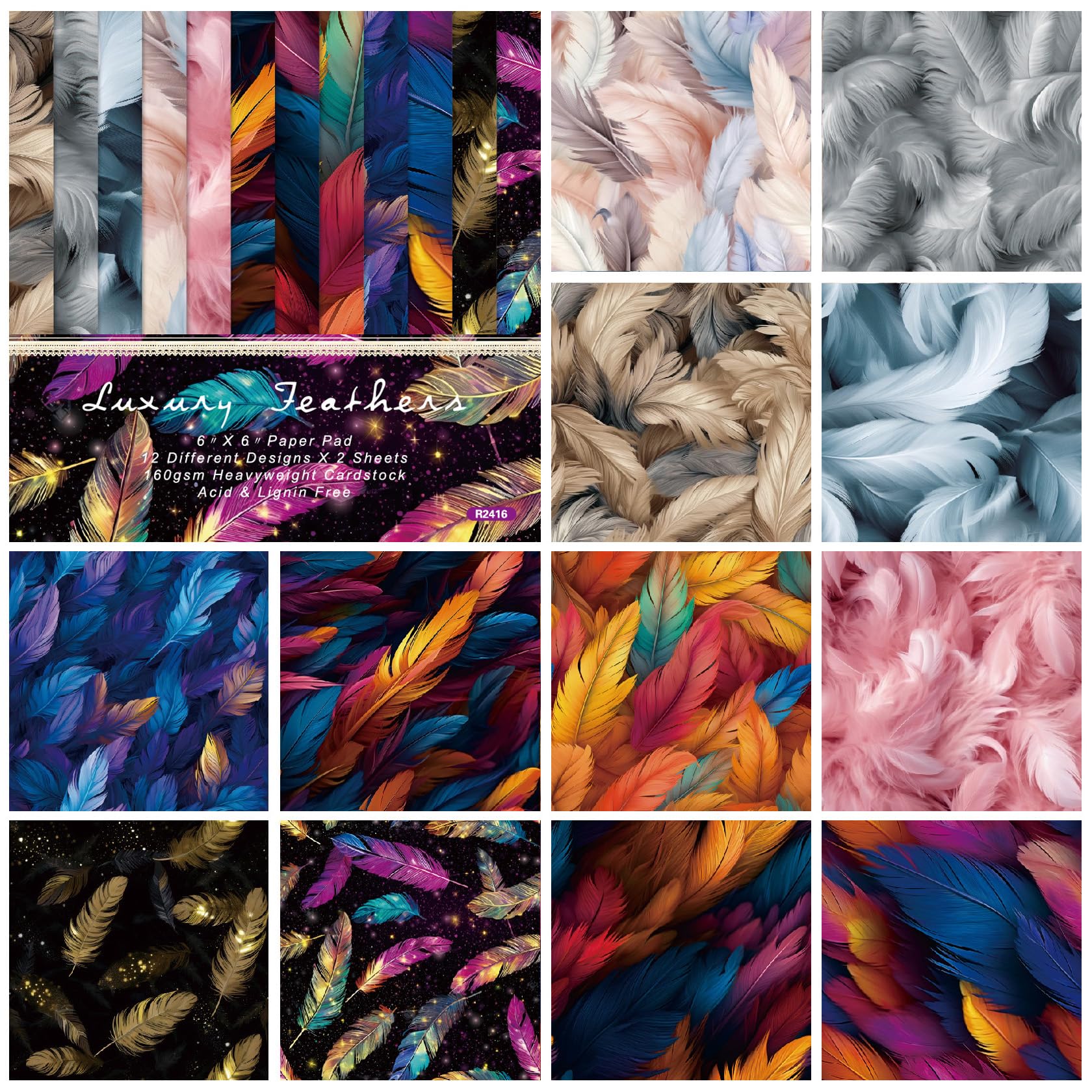 Papel para álbumes de recortes, Papel de 6" x 6", 24 hojas, cartulina de una sola cara, 12 diseños, papel decorativo for manualidades for hacer tarjetas de fondo de álbumes de fotos(Feather 48 Sheets)