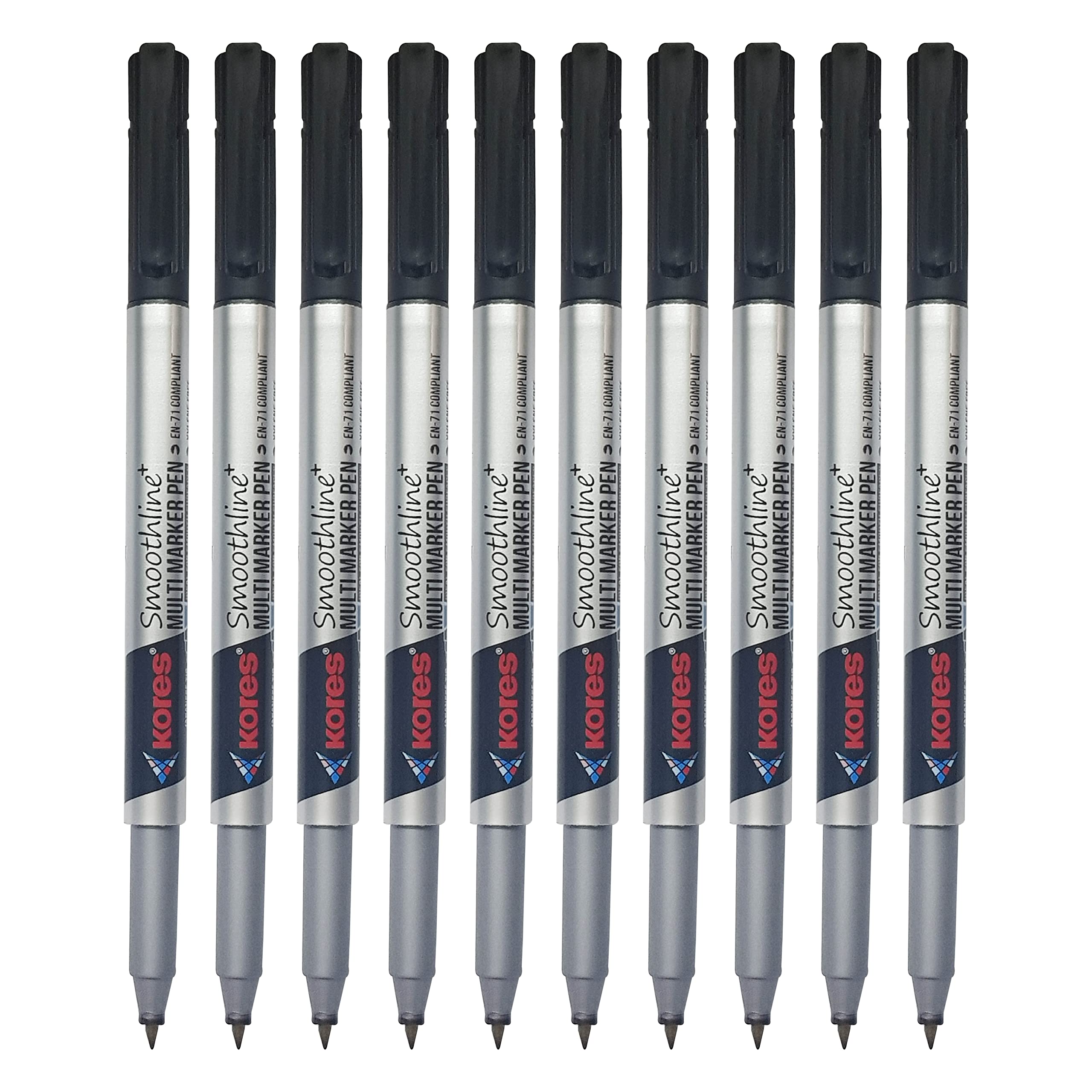 Kores Smoothline+ Permanent Marker Pens, BLACK, Fine Tip, Pack of 10, Write-4-All, Smooth Surface Markers, Waterproof Ink