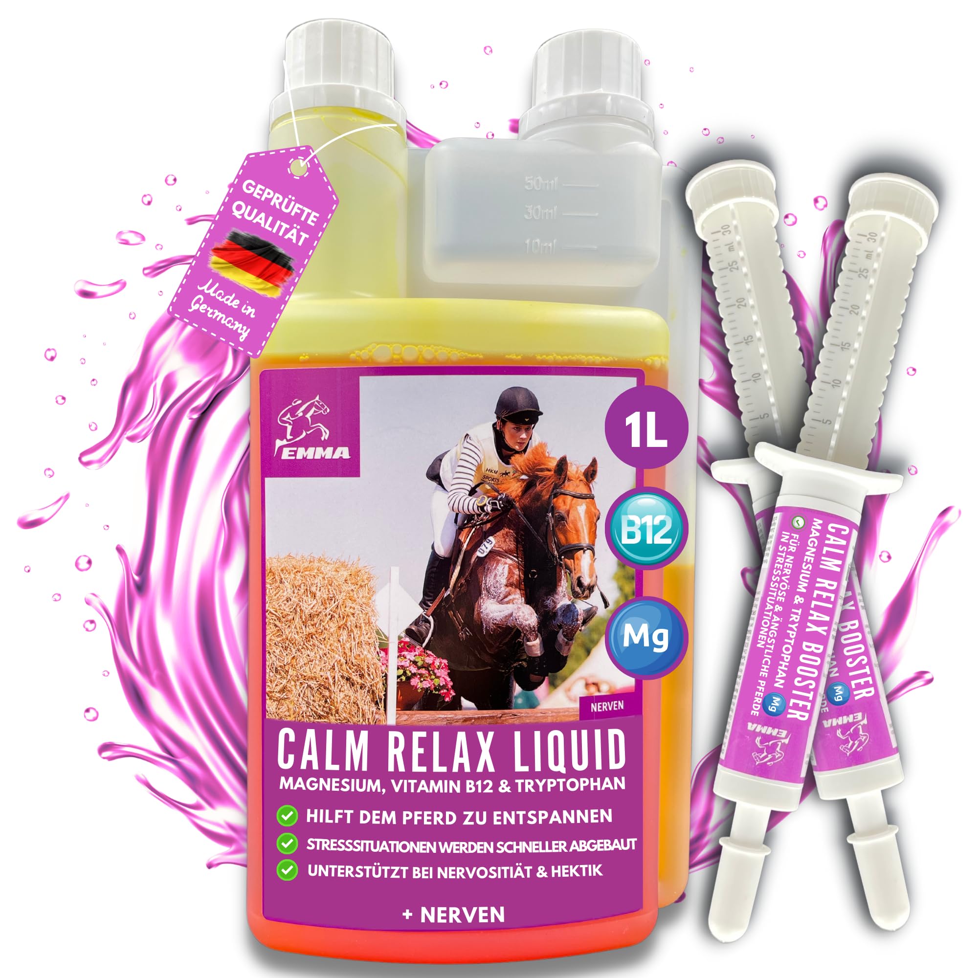 Magnesio Caballo 1L + 2*30ml Líquido CALM Relax + Booster L Triptófano y Vitamina B12 I contra la Ansiedad y el Estrés, Vitamina B 12 I Calmante Caballo durante el Transporte para Caballos Nerviosos