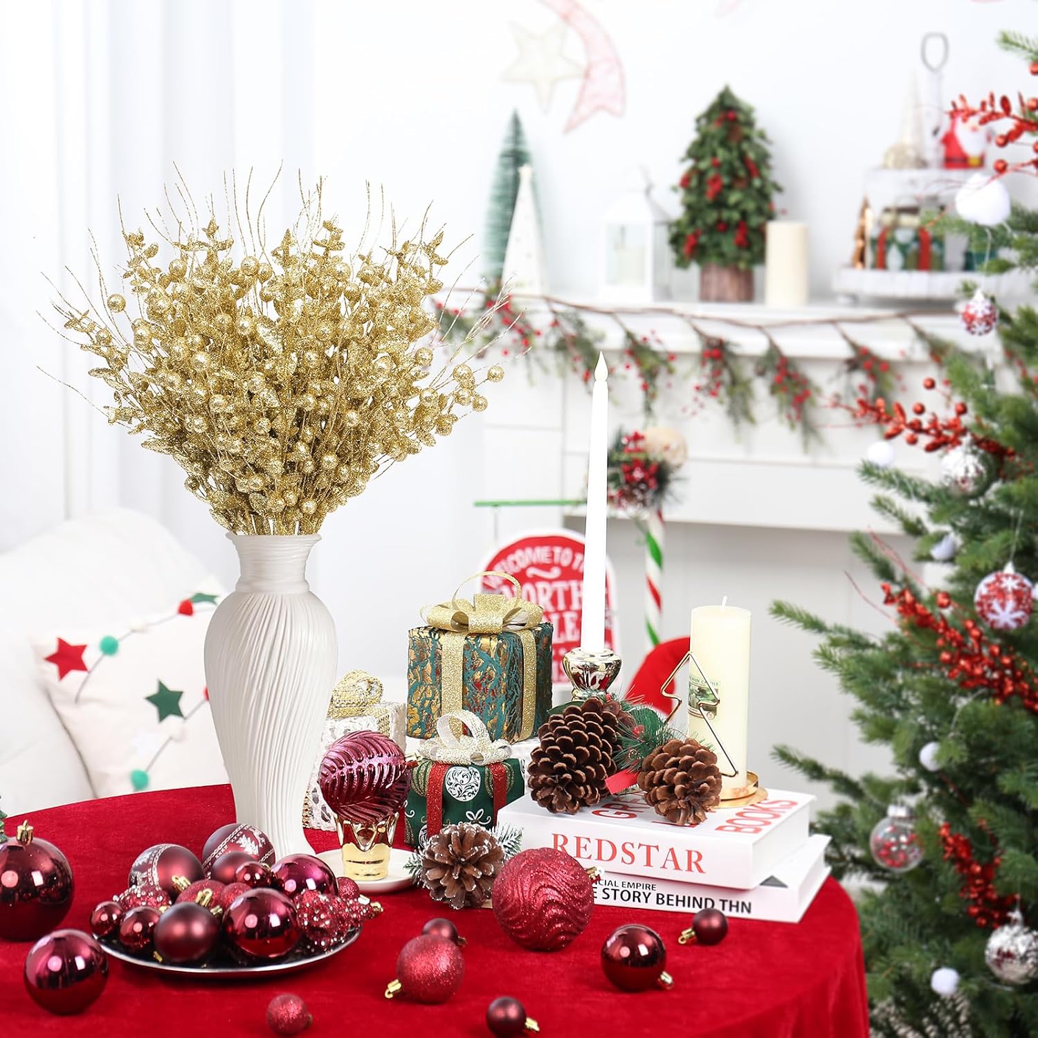 24 Pack Christmas Tree Decorations Picks and Sprays, Christmas Ornaments Artificial Glitter Berry Stems Branches Picks Twigs for Xmas Tree Vase Filler Home Holiday Decor (Gold-A)