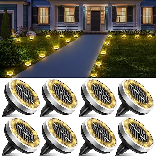 Miniatura 13 de Luces solares impermeables para exteriores, paquete de 12 8 LED, luz de suelo de acero inoxidable grueso, luces solares de jardín, iluminación de