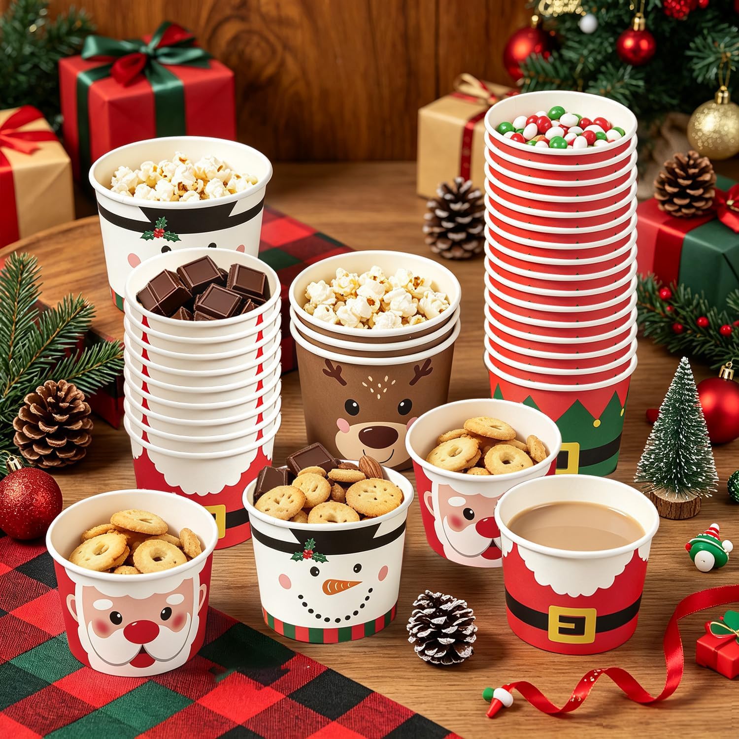 50 Pcs Christmas Snack Bowls - Christmas Snowman Ice Cream Paper Cups