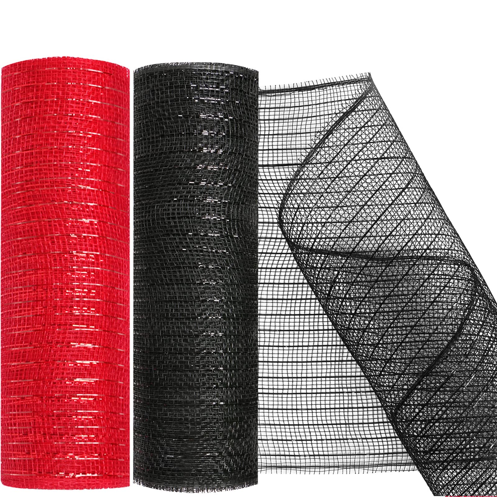 MIKIMIQI 2 Pack Deco Mesh 10 Inch x 30 Feet Decor Mesh Ribbon with Metallic Foil Deco Mesh Wreath Supplies Ribbon Mesh Roll for Spring Wreaths Craft Party, Not Wired (Red Black)