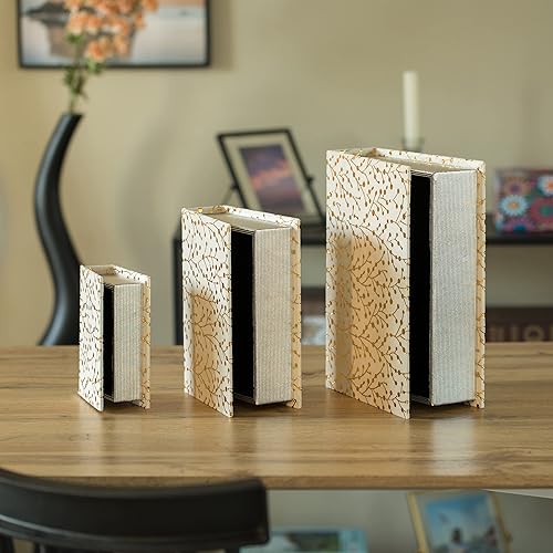 Miniatura 5 de Juego de 3 cajas decorativas de terciopelo blanco de madera antigua clásica para libros