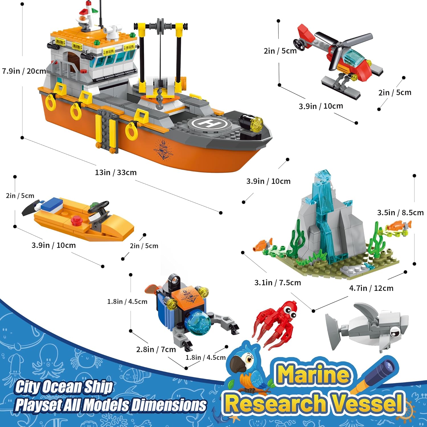 AKWME City Ocean Explorer Ship Building Set, Exploration Boat Set Toy Building Block with LED Lights, Helicopter, Submarine and Shark Cage, Birthday Gifts for 6 8 10 12 Years Old Boys Kids Girls