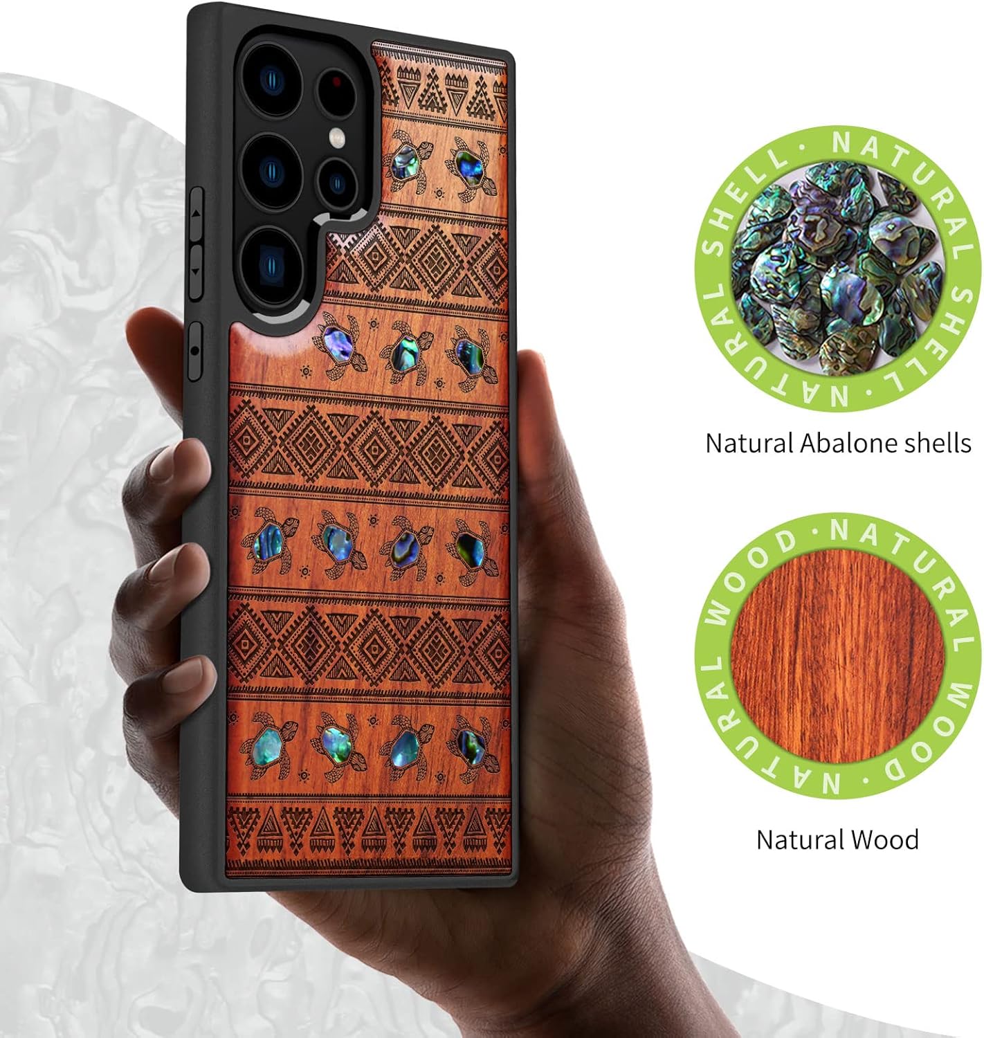 Carveit Designer Wooden Case for Samsung Galaxy S23 Ultra Cover [Wood Engraving & Shell Inlay] Compatible with Wireless Chargers Galaxy S23 Ultra Case (Sami Turtles-Rosy)