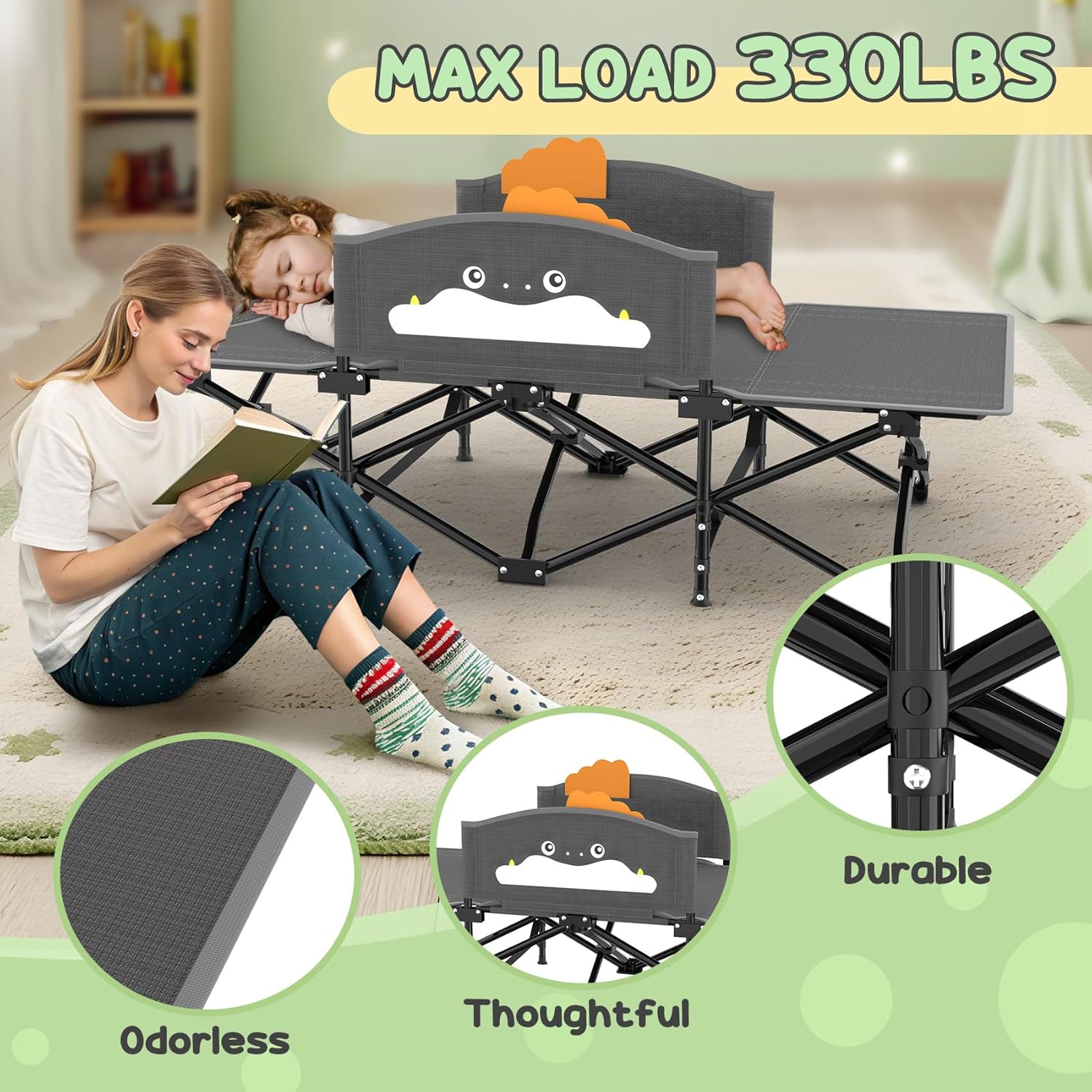 Slendor Toddle Cot, Toddler Portable Bed w/Cartoon Handrail, Blanket (5ft x 4ft), Folding Toddler Cots for Camping, Travel Bed, Extra Long Cot Length 56", Support 330 Lbs, Gray