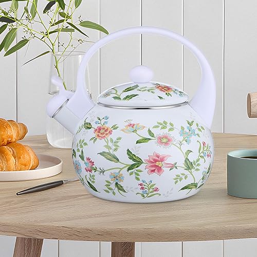 Miniatura 4 de Tetera esmaltada vintage de 2.3 cuartos de galón, tetera silbante para estufa, tetera esmaltada floral en acero para el hogar, cocina, campamento,