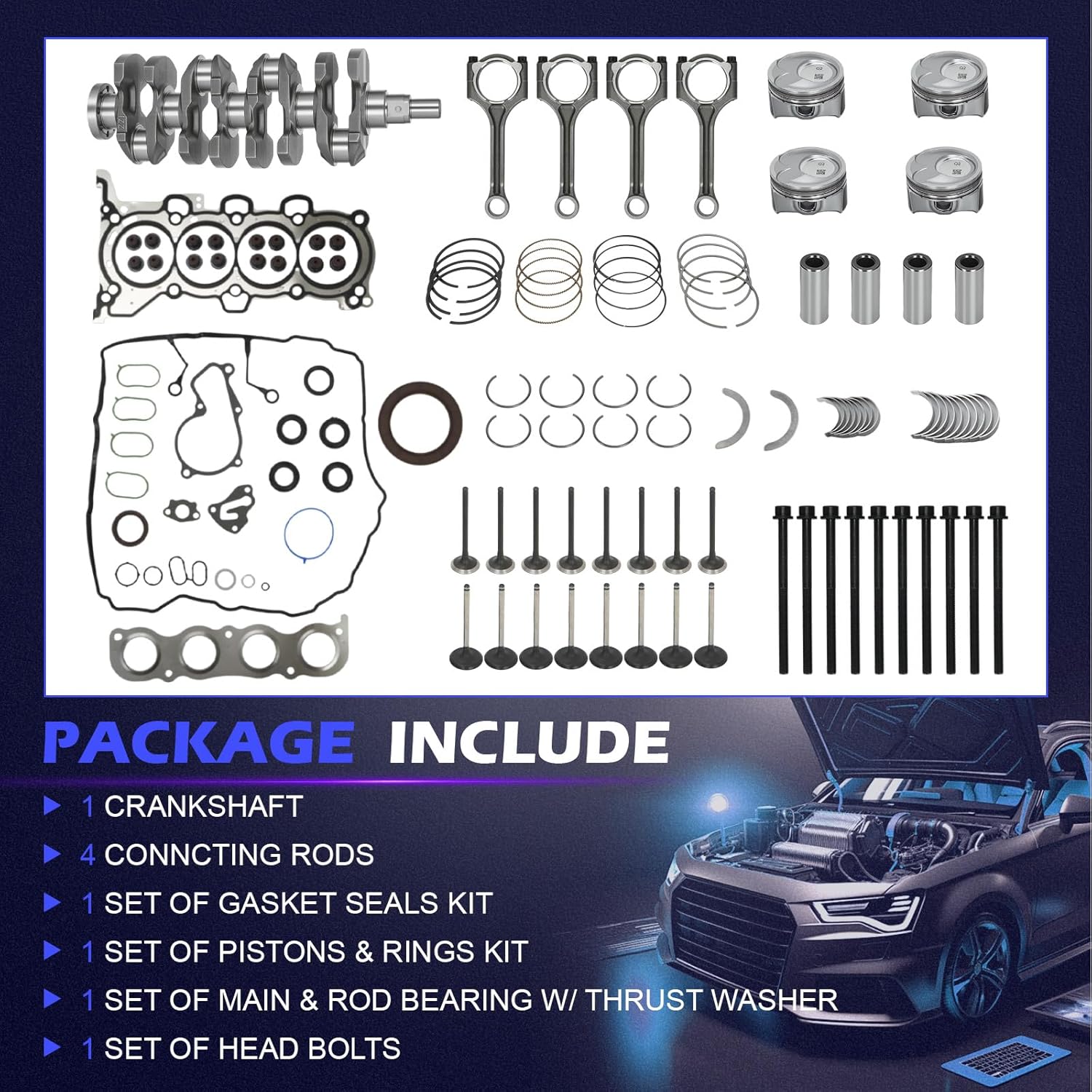 23510-2B000 G4NC 2.0L Engine Rebuild Overhaul Kit with Crankshaft, Head Gasket Set & Connecting Rods - Compatible with Kia Sportage, Forte, Carens, Soul/Hyundai Tucson, Elantra
