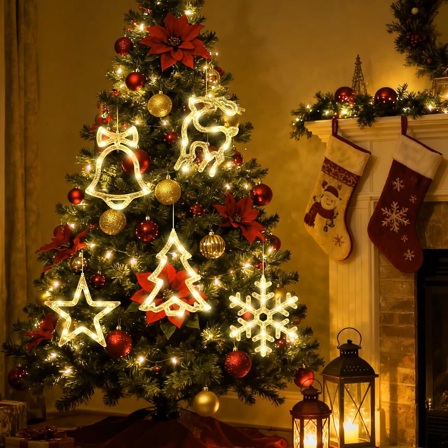 LYUBASA 5Pack Christmas Window Lights Decorations with Timer,Battery Powered Christmas Hanging Multicolor Lighted Snowflake Tree Star Deer Bells Shaped LED Sucker for 2026 Xmas Fireplace Indoor Decor