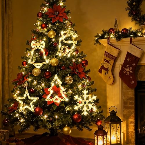 Miniatura 3 de 5 luces de Navidad para ventana con temporizador, funciona con pilas, luz blanca cálida con copos de nieve, campanas de árbol con forma de estrella