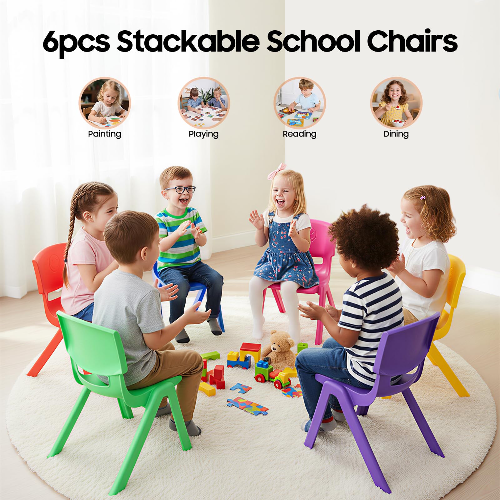 6 sillas escolares apilables de 36 x 32 x 52 cm, con diseño apilable y respaldo ergonómico, sillas de plástico resistentes para aulas, guarderías
