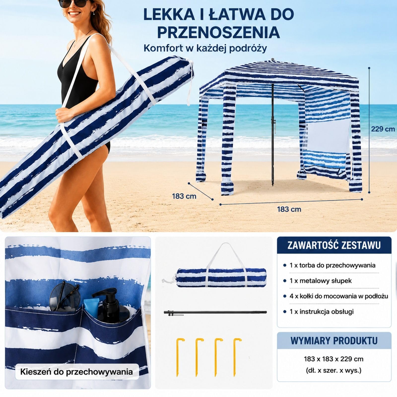 Kabana plażowa z panelem bocznym i workami na piasek, granatowe paski do użytku na plaży