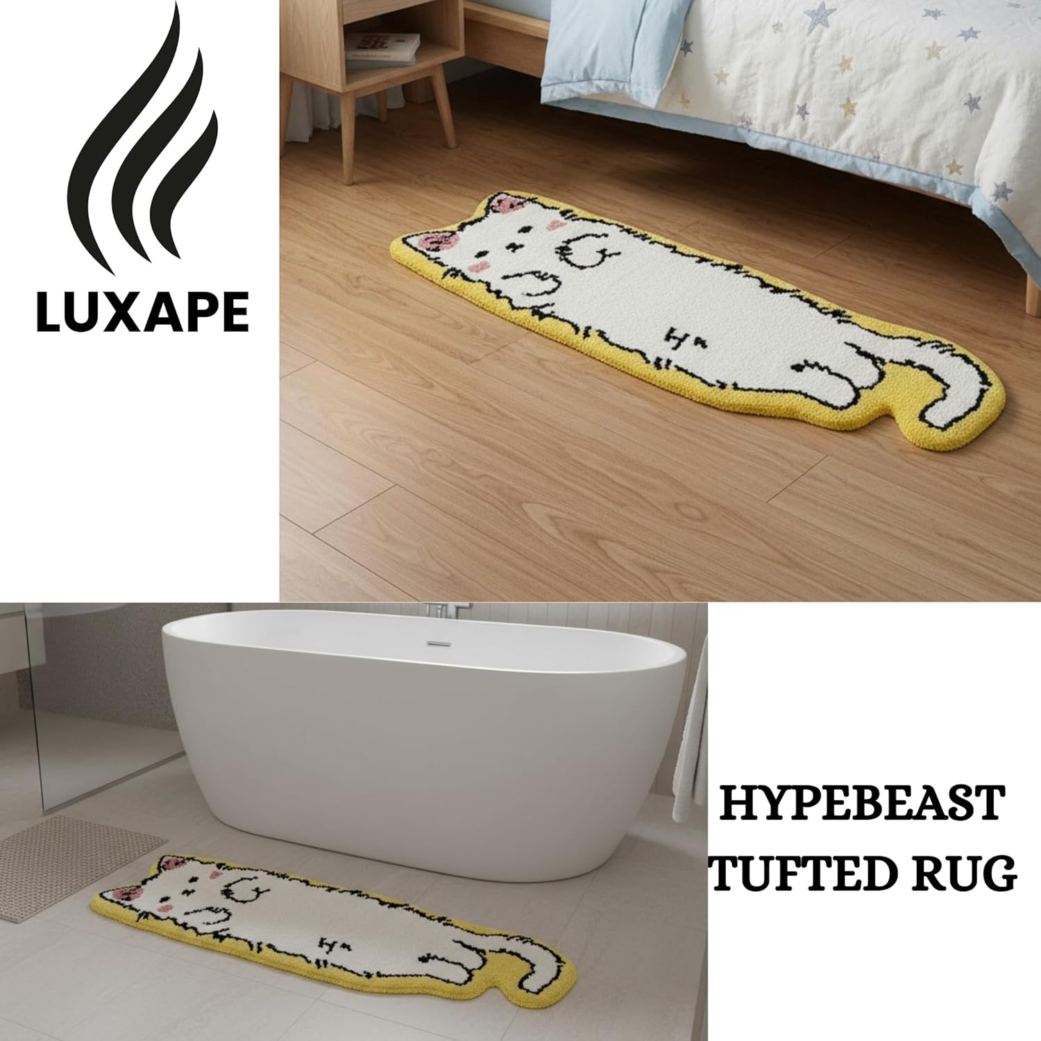 cat Rug - Cat Shaped bathmat - Handmade & Premium- 28in W (70cm) - Kitty Decor - Living Room, Bedroom, Children Room, Door mat - Luxape cat Rug (Luxape-h)