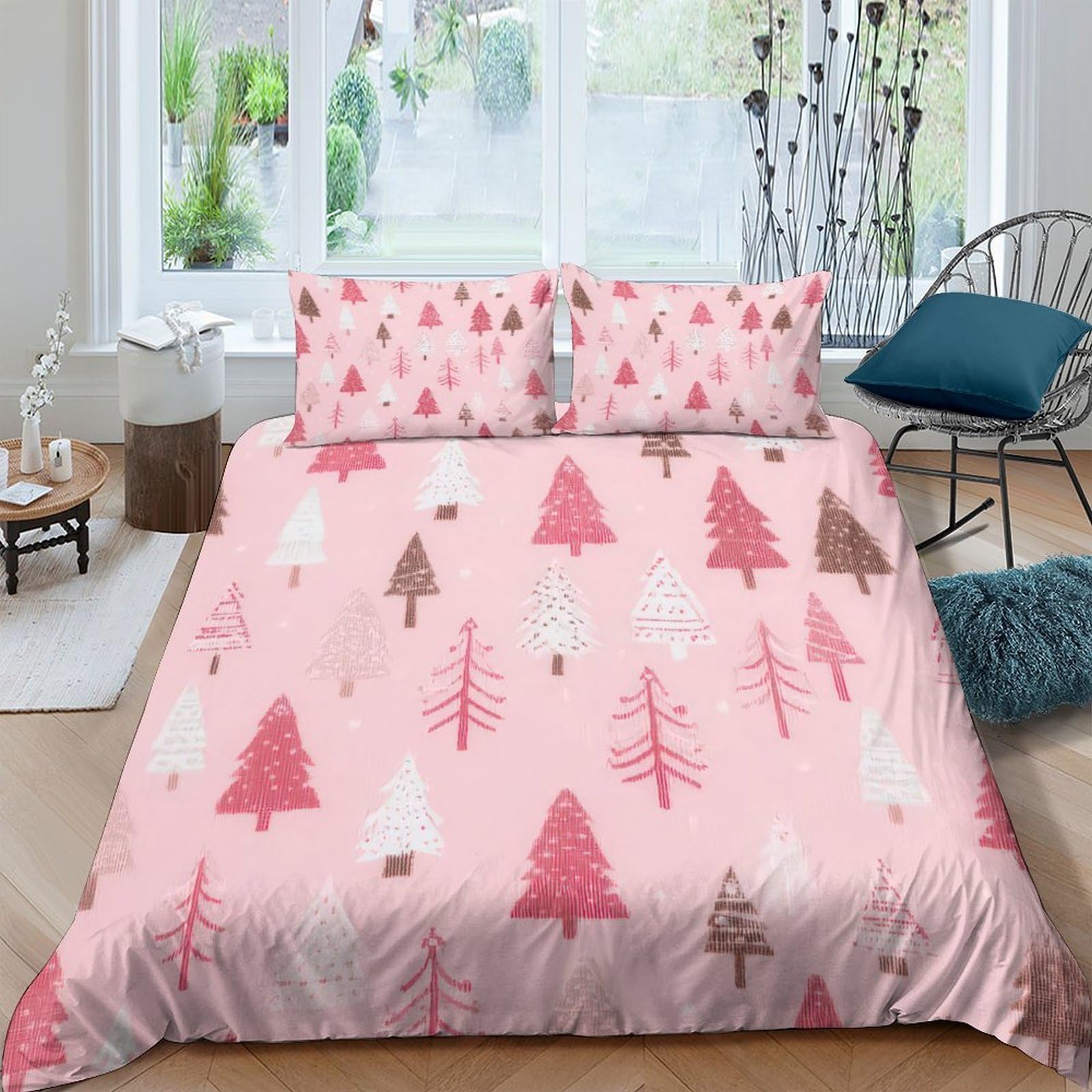 Ctjqhvkz Style-4 3D Printed Pink Christmas Tree Fitted Sheet Microfiber Soft Anti-Slip Nordic Forest Bed Cover For Bedroom Dorm Home Decor Single（135X200cm）