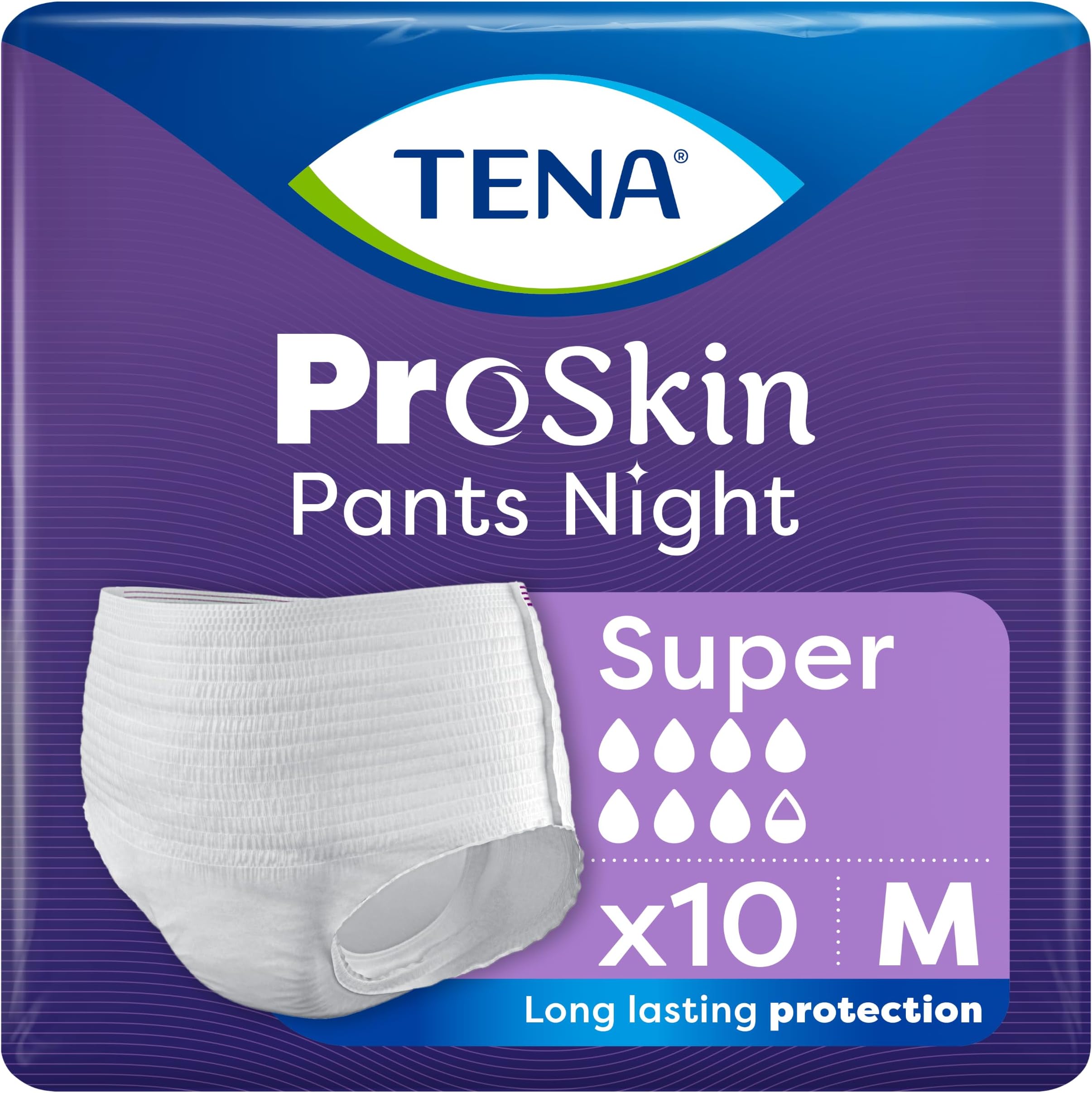 Tena ProSkin Pants Night Super, Incontinence Underwear, Medium (10 Count) | Incontinence Underwear for Men & Women, Moderate to Heavy Leakage, Lie Down Protection, Odour Control, Triple Skin Protection