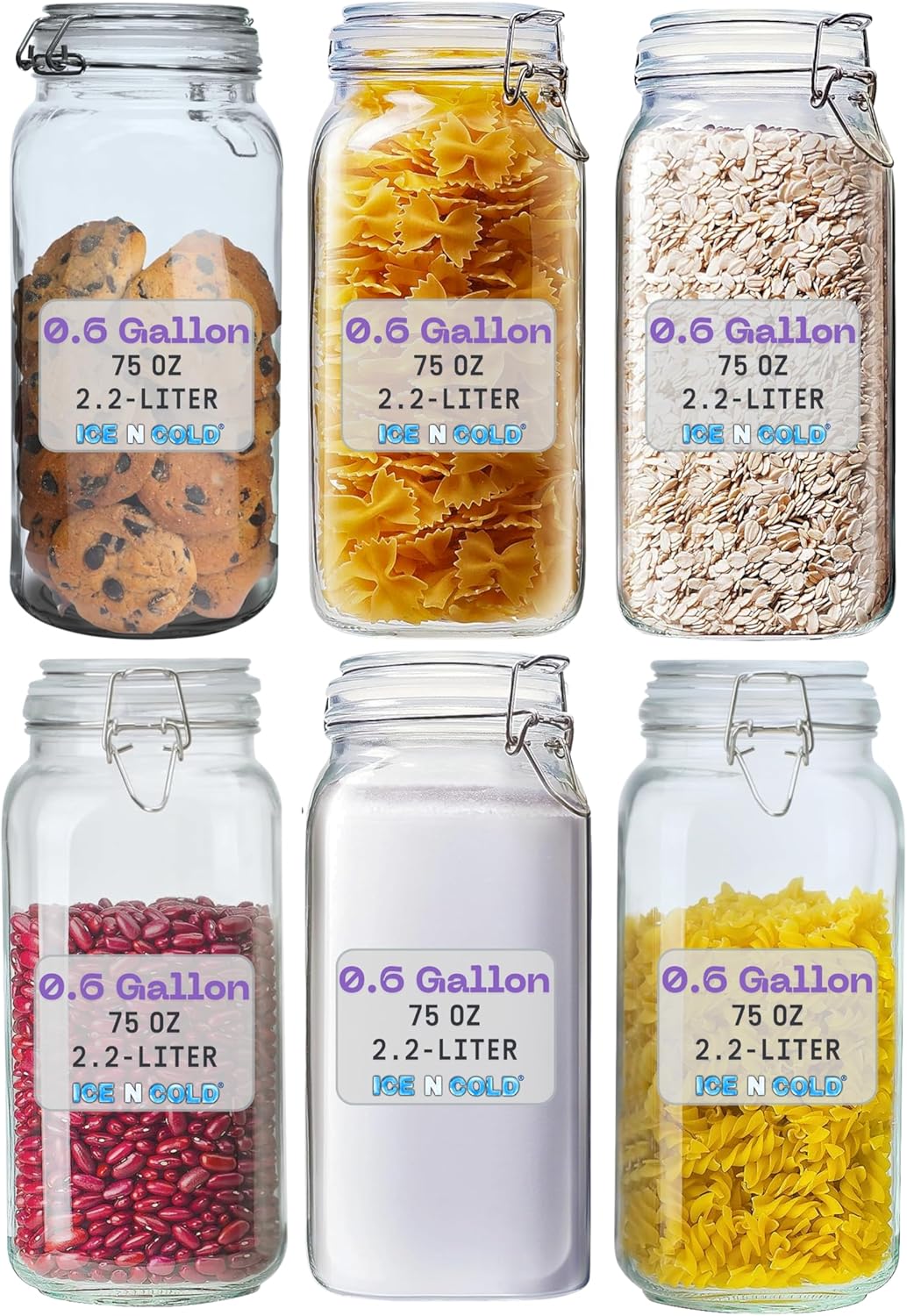 Airtight Glass Storage Jars with Clamp Lid – Food Storage Containers with Rubber Gasket Seal – Pantry & Kitchen Canisters for Dry Goods, Coffee, Sugar, Pasta – 0.4L to 4L Sizes (6, 75oz | 2.2L)