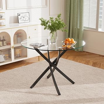 yeag 36'' Small Round Glass Dining Table for 4, Circle Clear Tempered Glass Tabletop with Black Chrome Metal Legs, Adjustable Foot Pads, Modern Dinette Table for Kitchen, Dining Room, Living Room