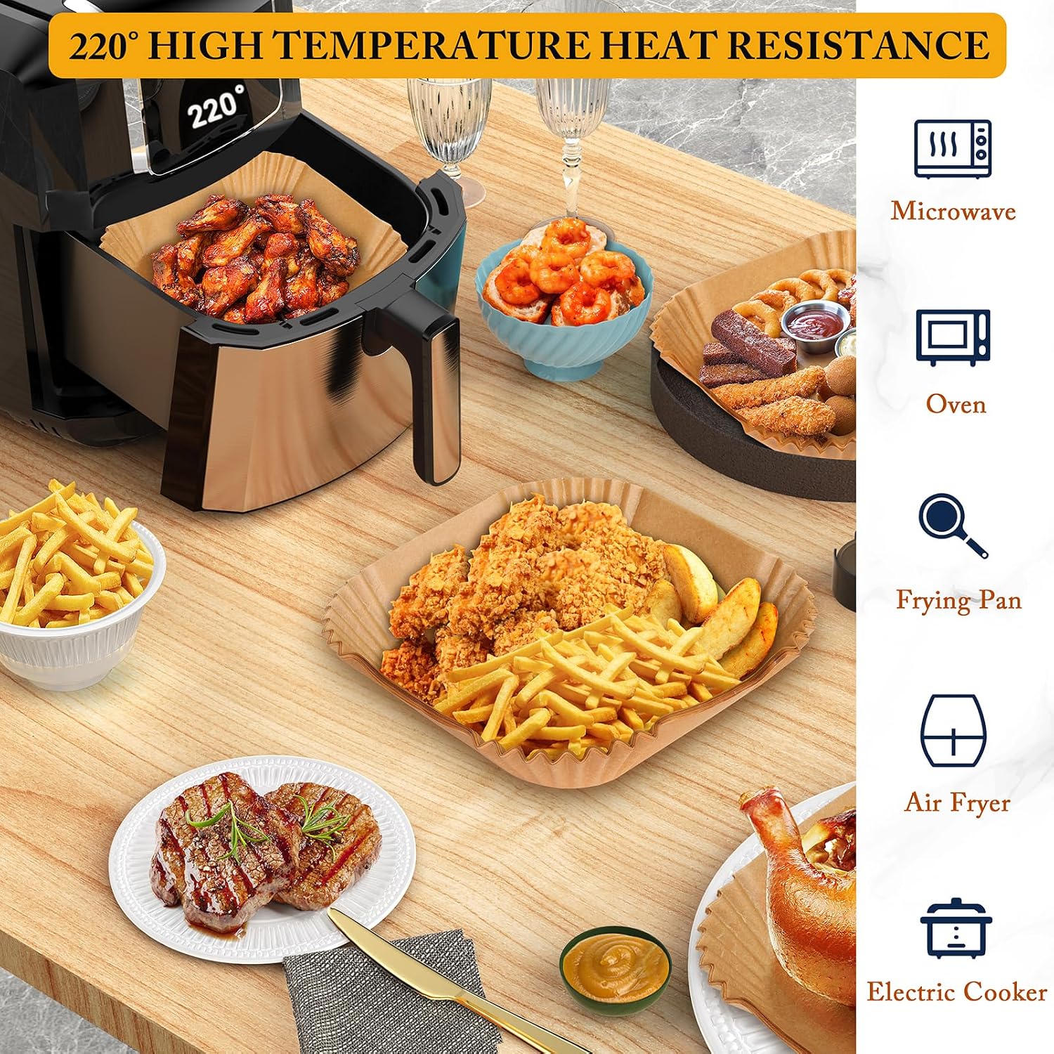 100 Pack Baking Paper for Hot Air Fryer, 20 cm Square, BPA-Free, Heat Resistant, Suitable for Ninja, Philips