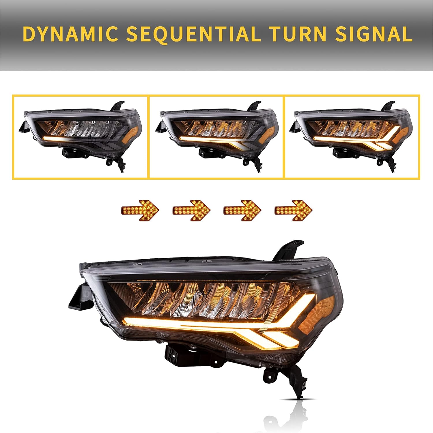 VLAND LED Reflective bowl Headlights For [2014-2020 Toyota 4Runner TRD, Limited, Off-Road, SR5, Sport, Nightshade] W/Welcome/Breathe Function Dynamic DRL & Sequential Turn Signal, Amber Reflector